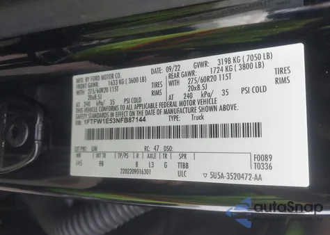 2022 Ford F-150 Platinum z USA, uszkodzony, nr VIN 1FTFW1E53NFB87144